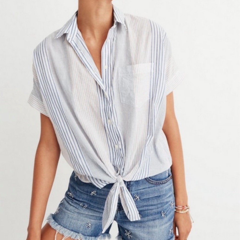 Madewell | Women’s Cream/Blue Rawley Stripe Short Sleeve Tie Front Button Down S